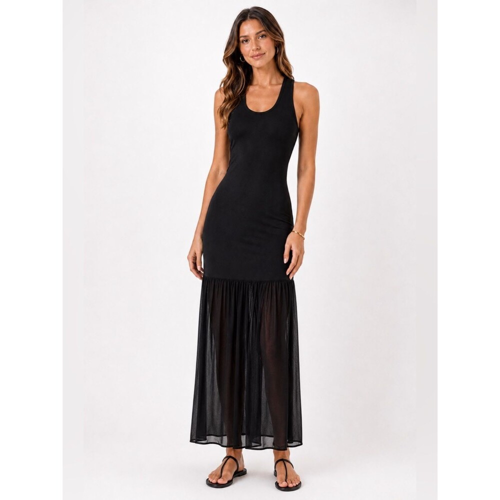 WAYF Eva Drop Waist Maxi Dress Sheer Panel Skirt Sleeveless Black XS NEW
